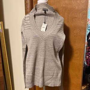 Express Women's Marled Light taupe with gold flecks V-Neck Sweater